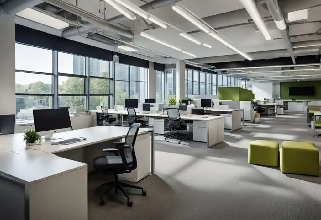 Office design featuring modern desks and ergonomic chairs in a bright, open-plan environment.