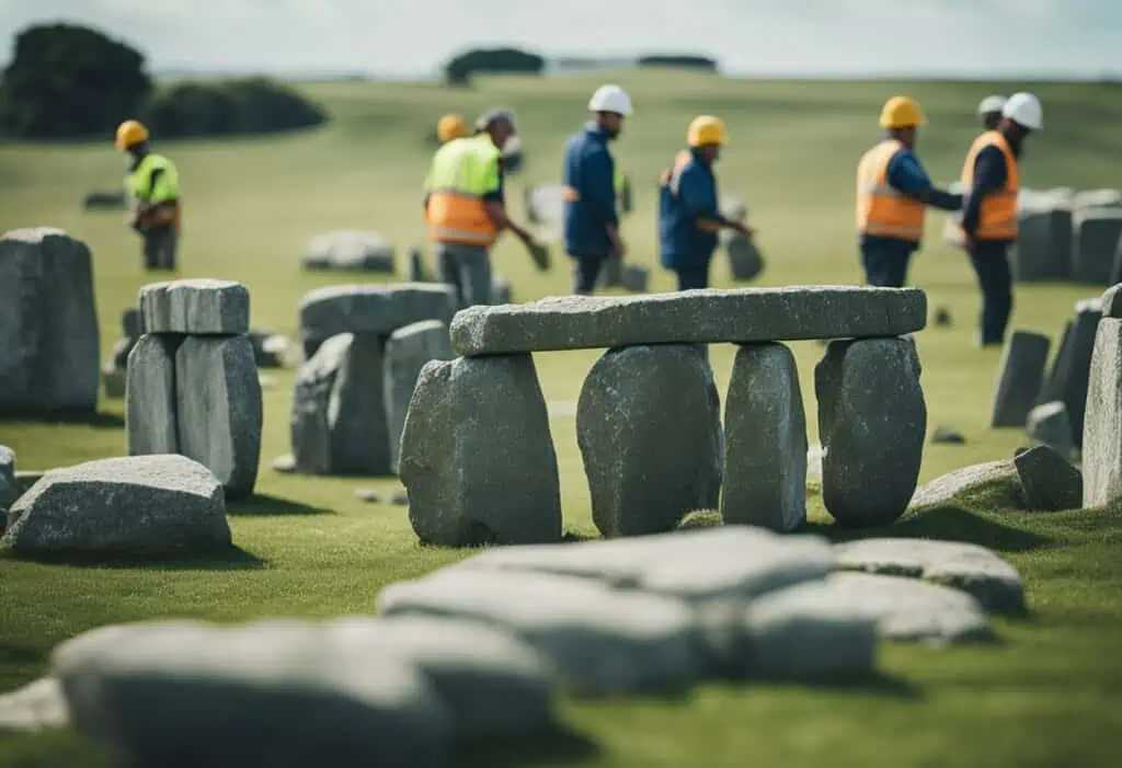 Workers restoring Stonehenge with safety gear on a green field.