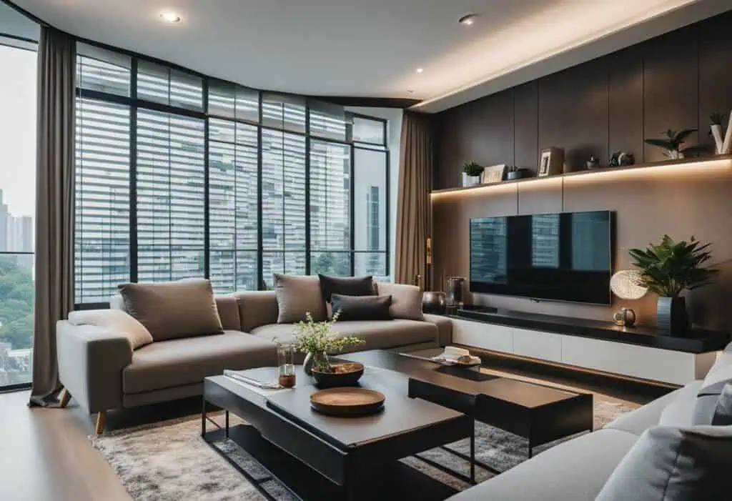 Bright living room with string furniture, Scandinavian decor, and expansive city views.