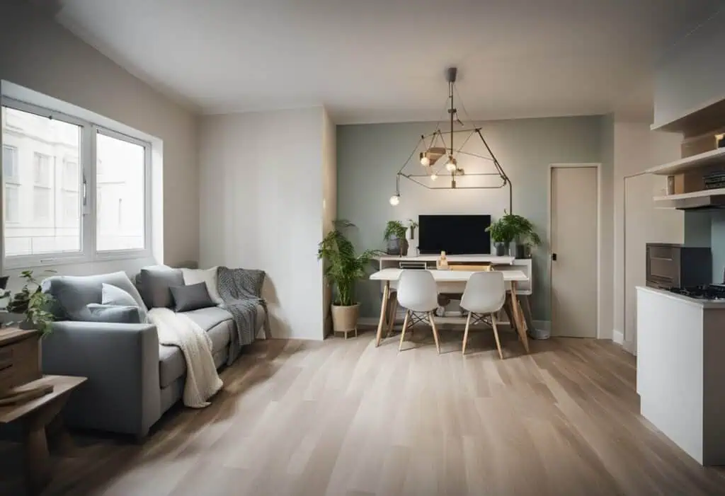 Bright and airy studio apartment with a cozy seating area and a functional workspace. Perfect for sm.