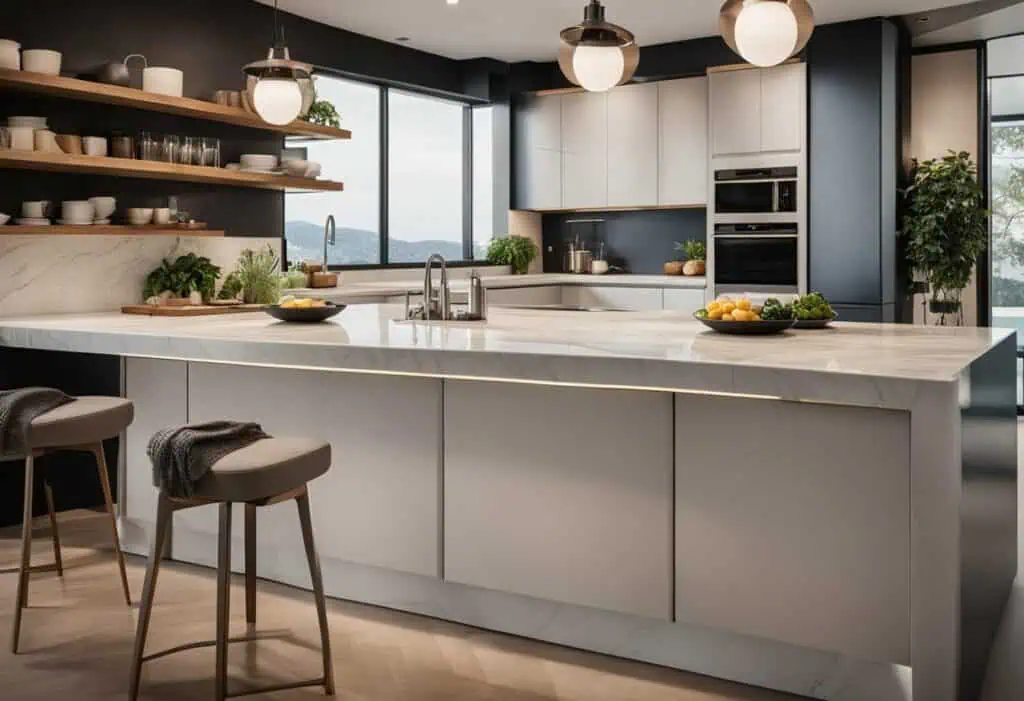 Open-concept studio kitchen featuring sleek design, open shelving, and expansive windows for natural.