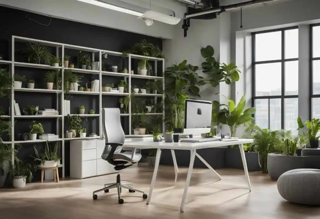 Bright, productive office with green plants and large windows for a refreshing workspace.