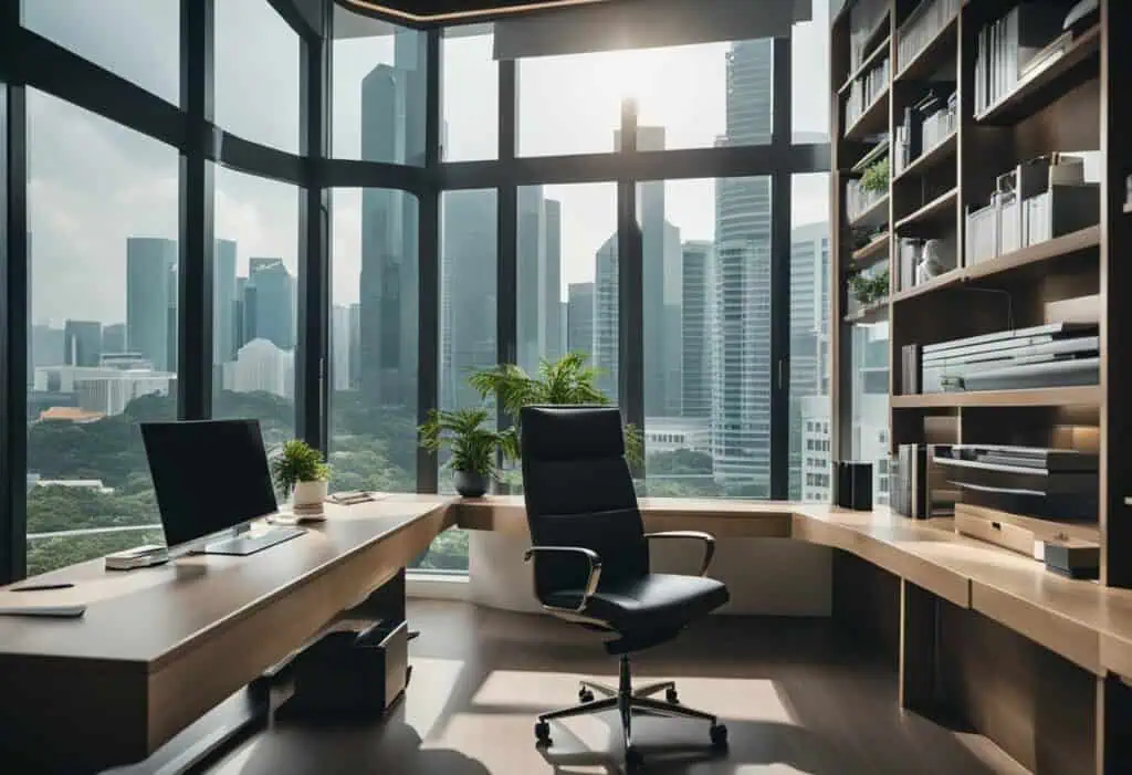 Elegant study room furniture with large windows and city views in Singapore. Perfect for creating a.