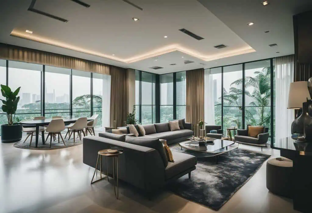 Elegant living room with contemporary furniture and large windows in Singapore. Perfect for modern h.