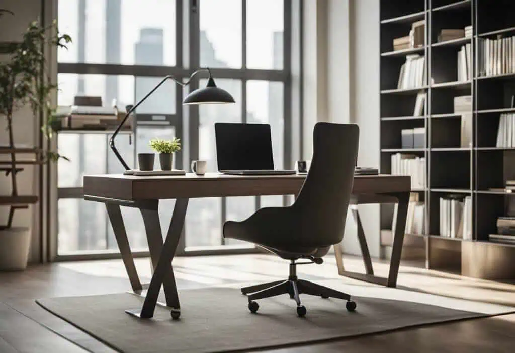 Stylish home office with desk, ergonomic chair, and large windows for natural light.