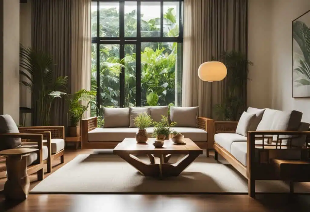 Suar wood furniture in a stylish living room with large windows and lush greenery outside.