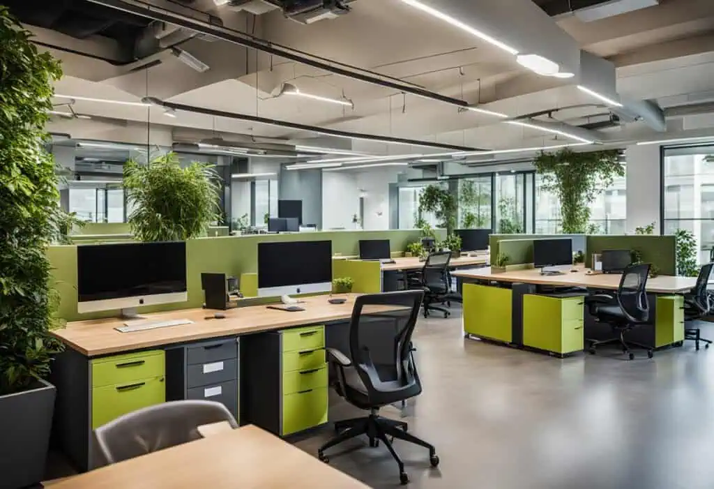 Bright, open-plan office with ergonomic desks, comfortable chairs, and abundant plants promoting a p.