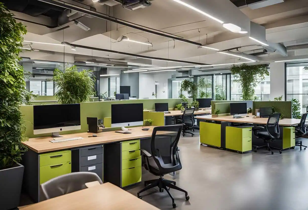 Bright, open-plan office with ergonomic desks, comfortable chairs, and abundant plants promoting a p.