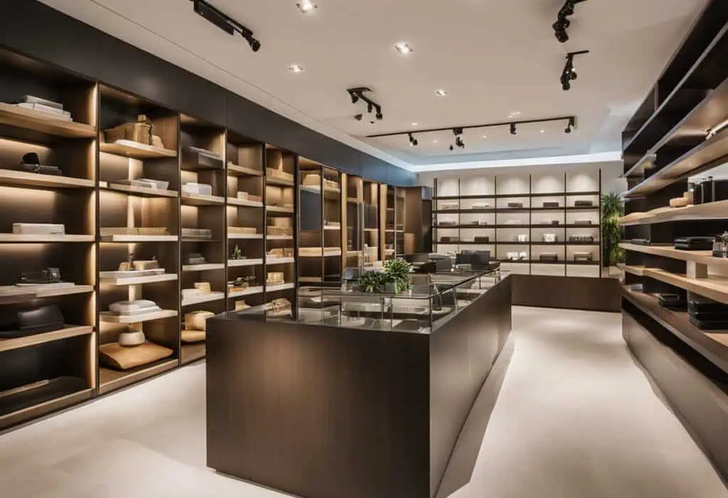 Elegant furniture showroom with sleek shelves and display tables in Singapore.