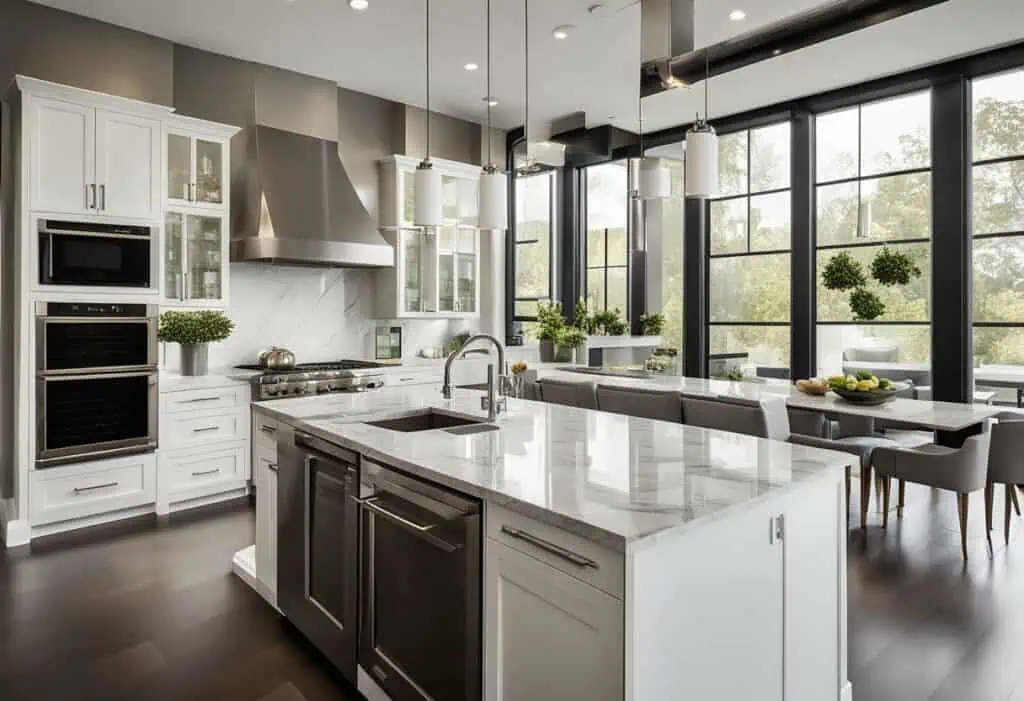 Stylish modern kitchen featuring white cabinetry, large island, and ample natural light for a functi.