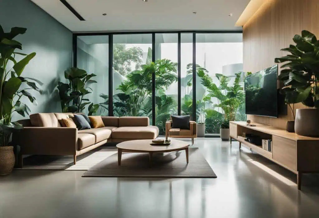Eco-friendly living room with sustainable furniture and large indoor plants.