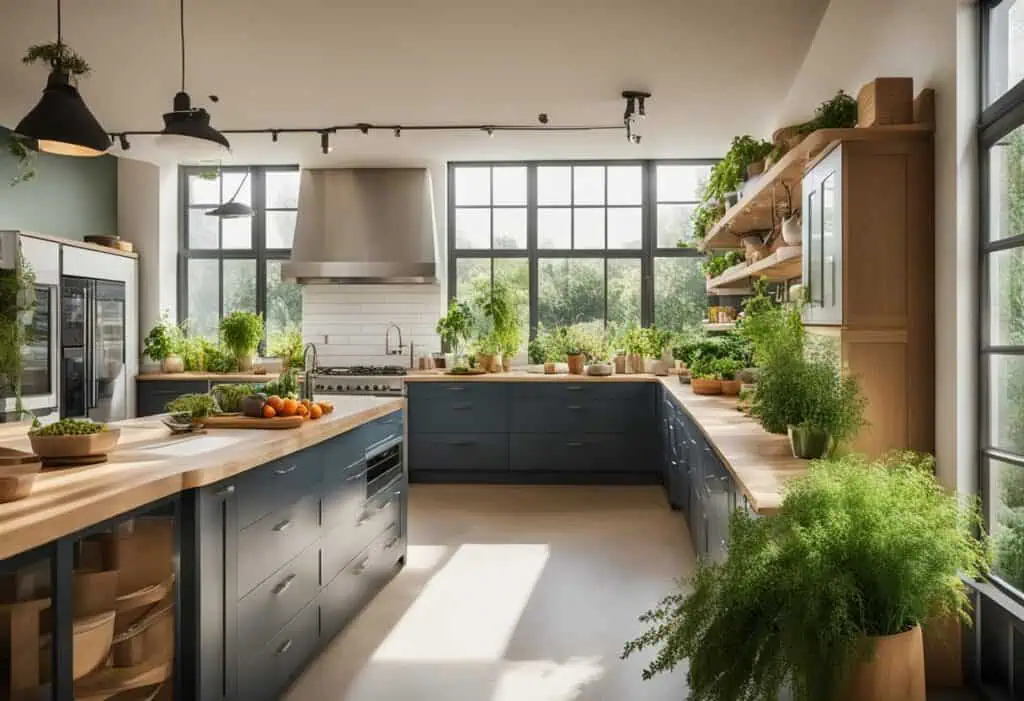 Modern eco-friendly kitchen with green plants and natural light for sustainable home design.