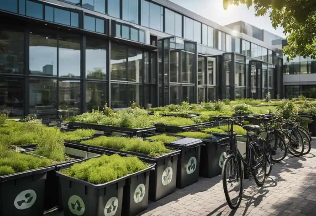 Sustainable office building with green rooftop gardens and eco-conscious design elements.