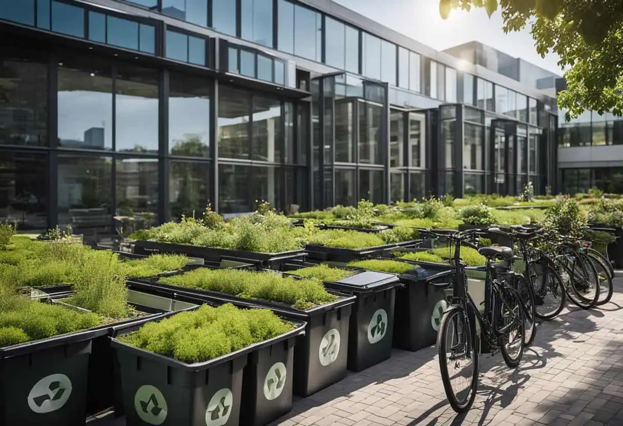 Sustainable office building with green rooftop gardens and eco-conscious design elements.