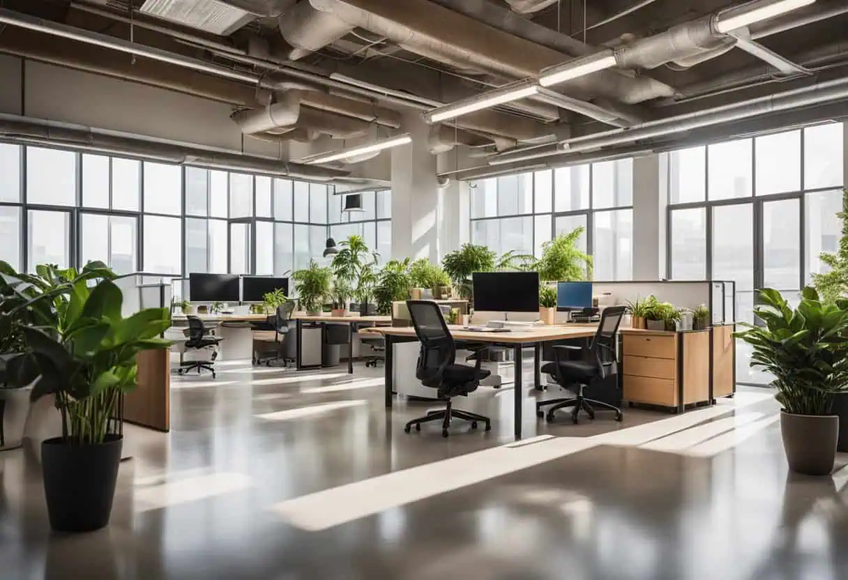 Bright, sustainable office space with large windows and green plants for a healthier workplace.