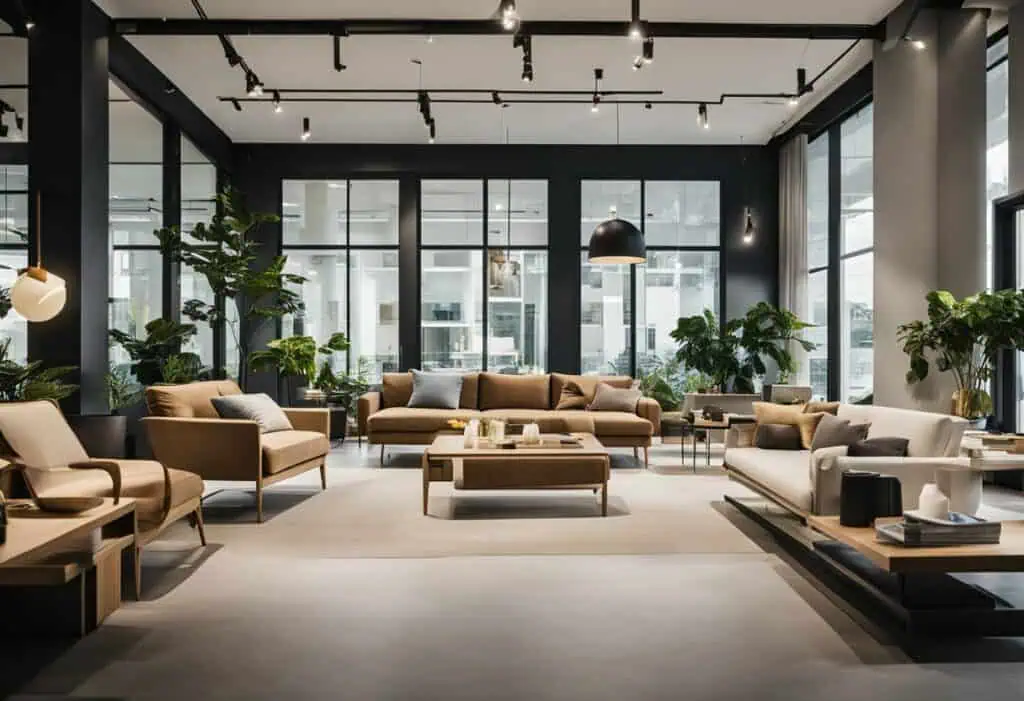 Scandinavian furniture in a stylish, contemporary showroom with natural light and lush greenery, per.