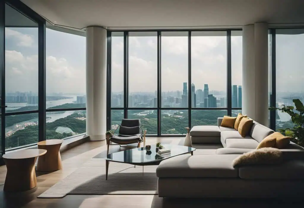 Stylish living room with panoramic city skyline views and contemporary furniture in Singapore.