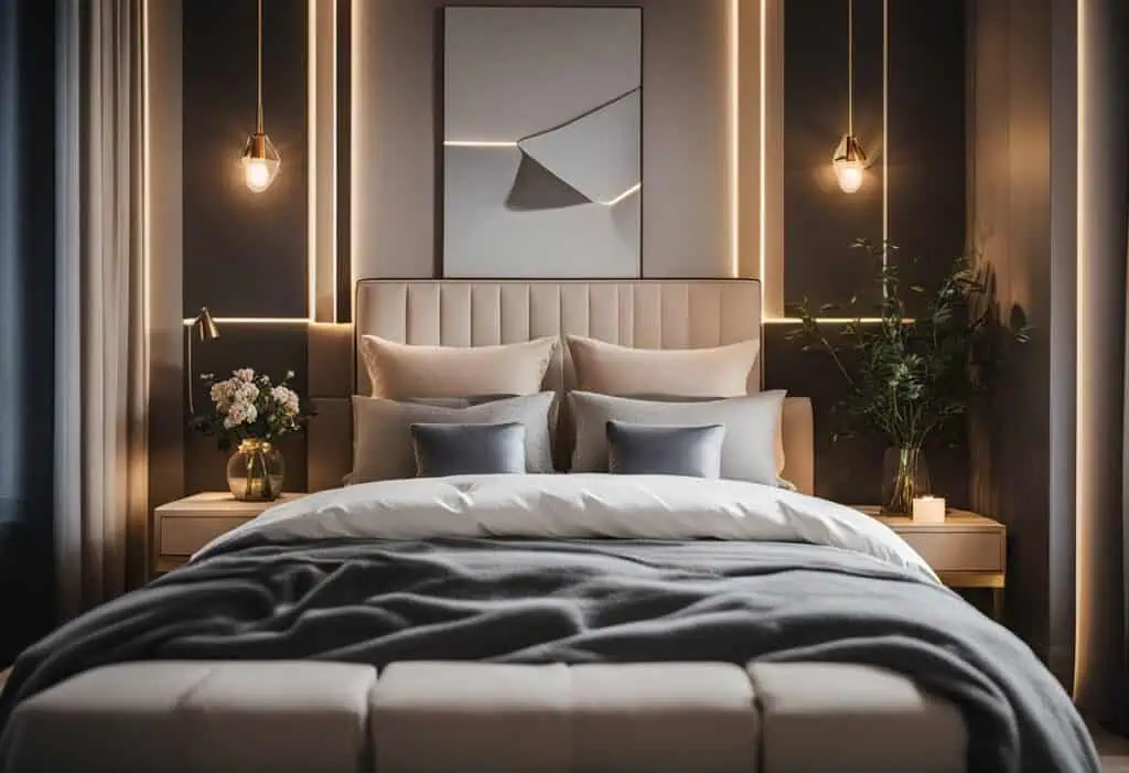 Stylish bedroom featuring contemporary furniture and cozy lighting for restful sleep.