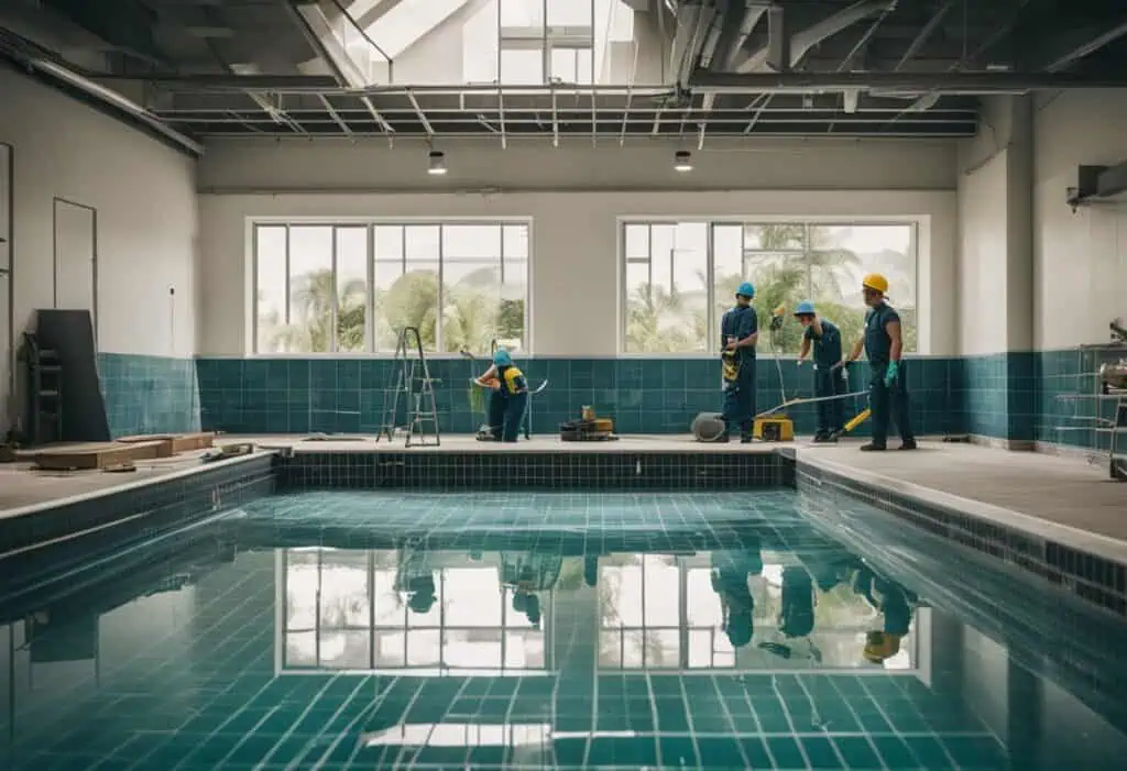 Indoor swimming pool renovation with workers installing new tiles and equipment.