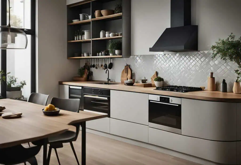 Modern Taiwanese kitchen with sleek cabinetry and open shelving, blending traditional and contempora.