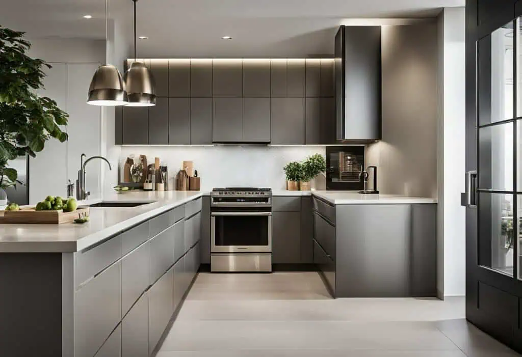 Sleek gray kitchen with tall cabinets, modern appliances, and ample storage space.