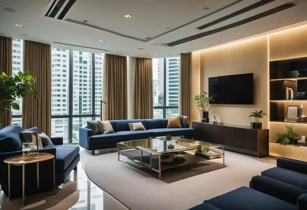 Stylish living room featuring contemporary furniture and large windows overlooking Singapore's skyli.