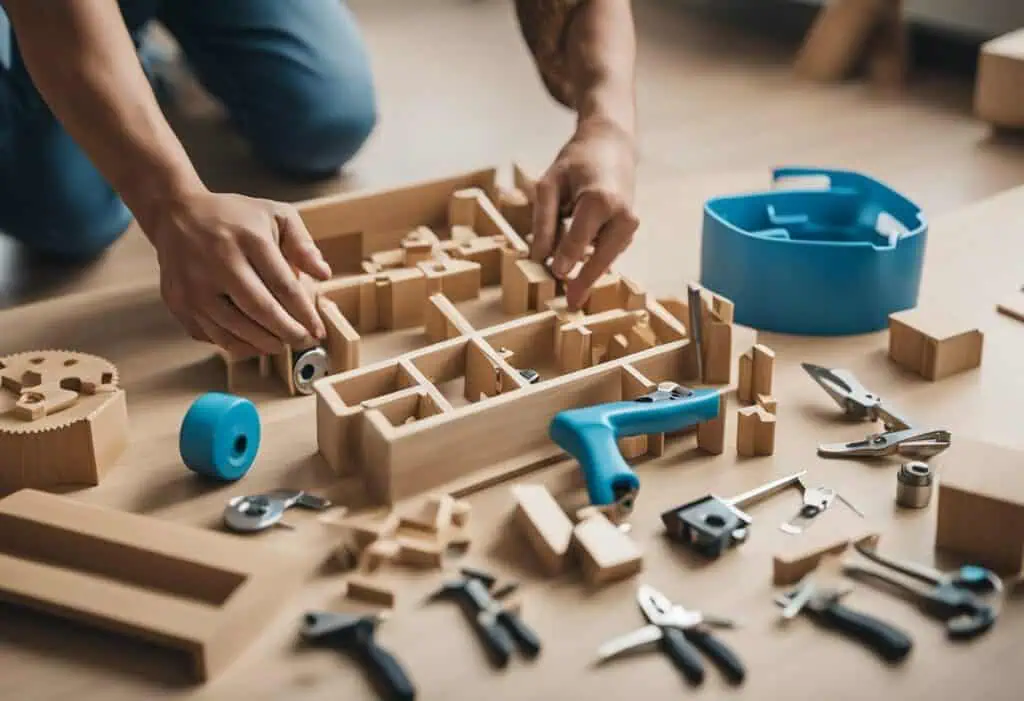 Efficient furniture assembly with tools and wooden parts for home or office setup.