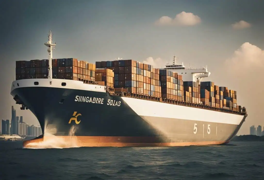 Large container ship sailing with cargo containers en route to Singapore.