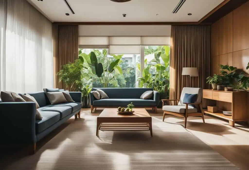 Teak wood furniture Singapore in a stylish living room with lush plants and natural light. Perfect f.