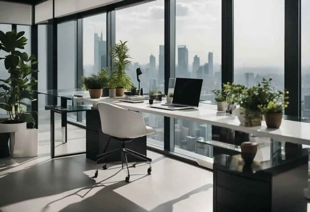 Bright terrace office designed for productivity and inspiration with large windows and lush greenery.