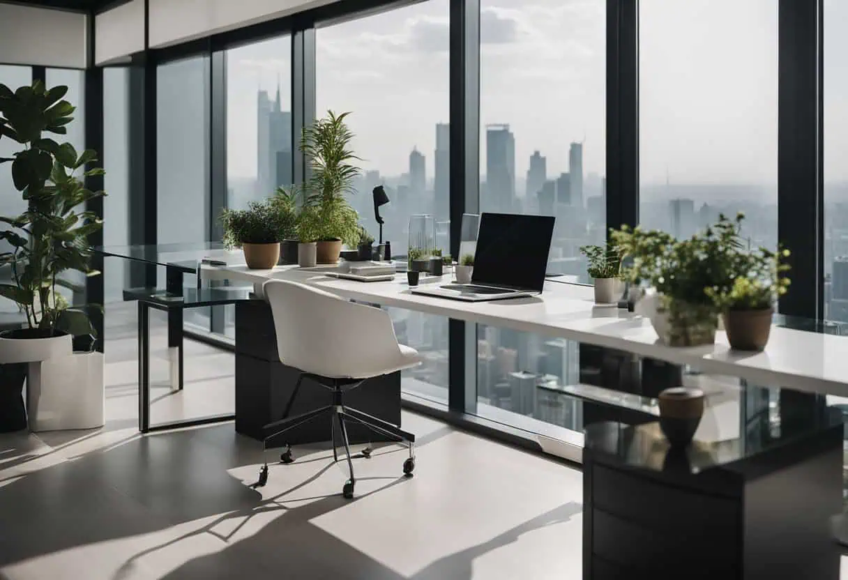 Bright terrace office designed for productivity and inspiration with large windows and lush greenery.