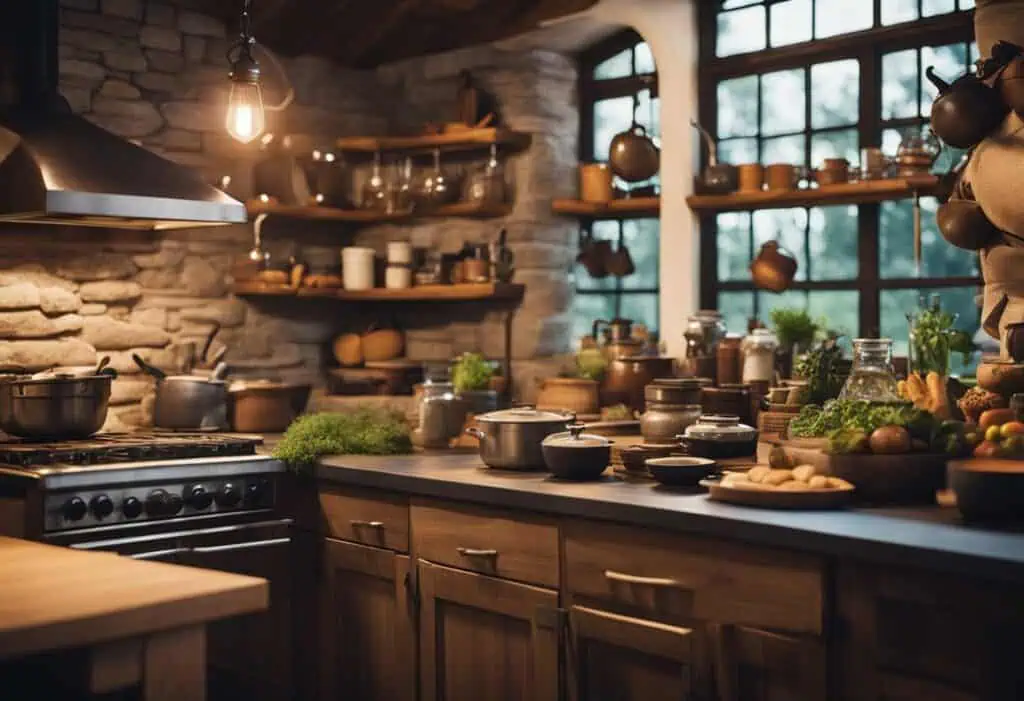 Charming rustic kitchen featuring wooden cabinets, open shelves, and vintage cookware for a warm coo.