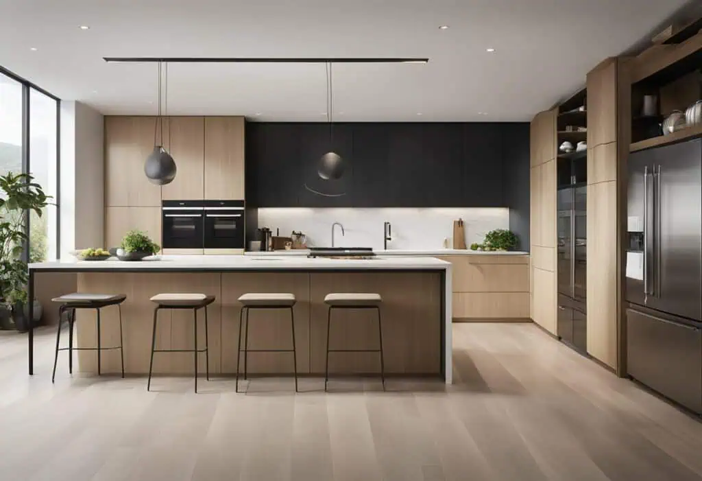 Modern minimalist kitchen with sleek black and wood cabinetry, island, and ample natural light.