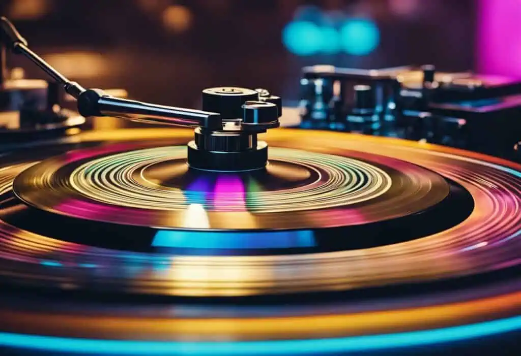 Classic vinyl record player with colorful lights, perfect for music lovers and collectors.