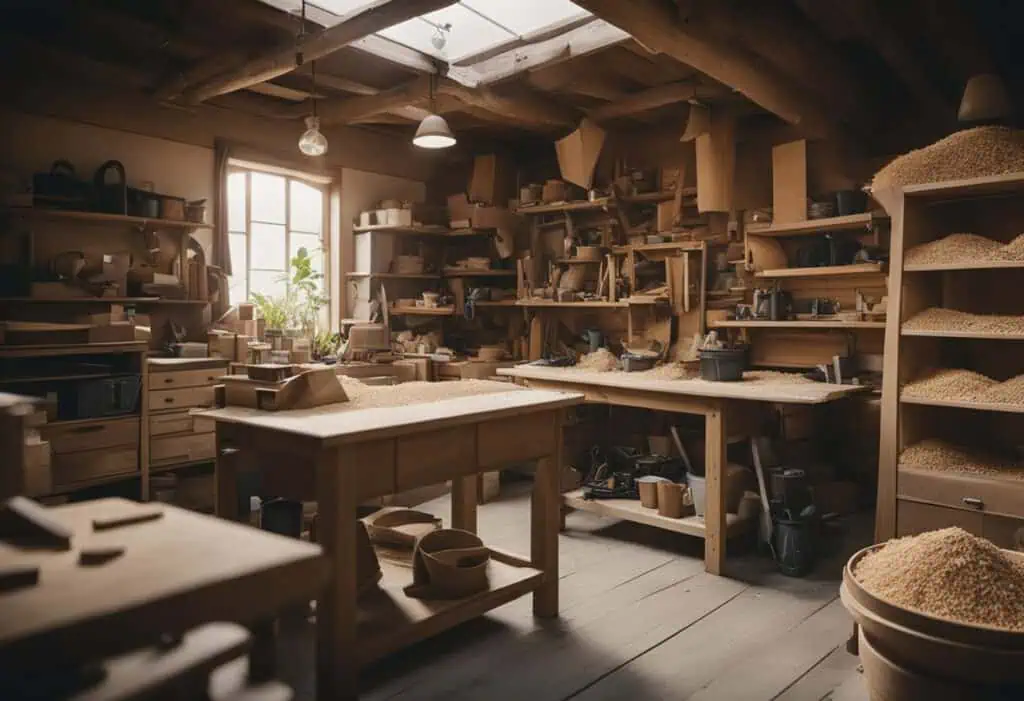 Interior view of a woodworking studio with shelves and workbenches filled with woodcraft tools and m.