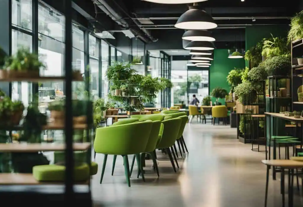 Eco-friendly green chairs and tables in a contemporary, sustainable interior design.
