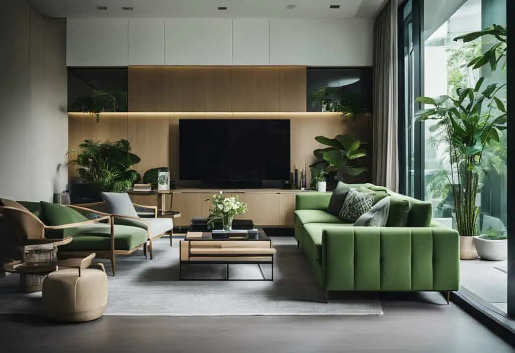 Stylish green sofa in a contemporary living room with natural light and lush indoor plants.