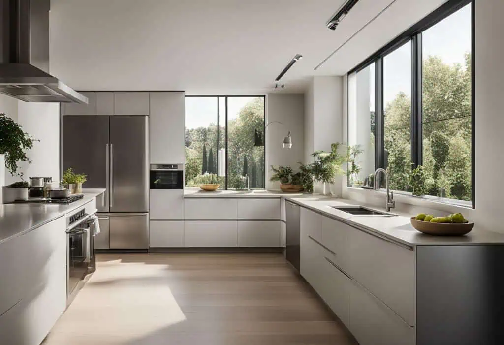Bright, spacious kitchen with sleek white cabinetry and expansive window views.