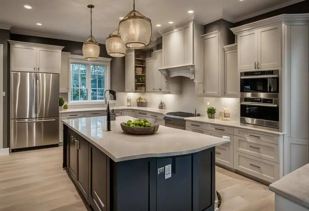 Bright and spacious kitchen with white cabinetry and a central island for efficient cooking and ente.