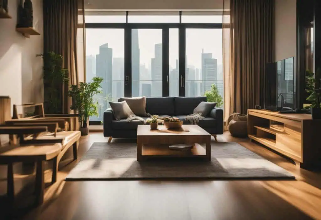 Timber furniture Singapore in a modern living room with large windows and cityscape backdrop.