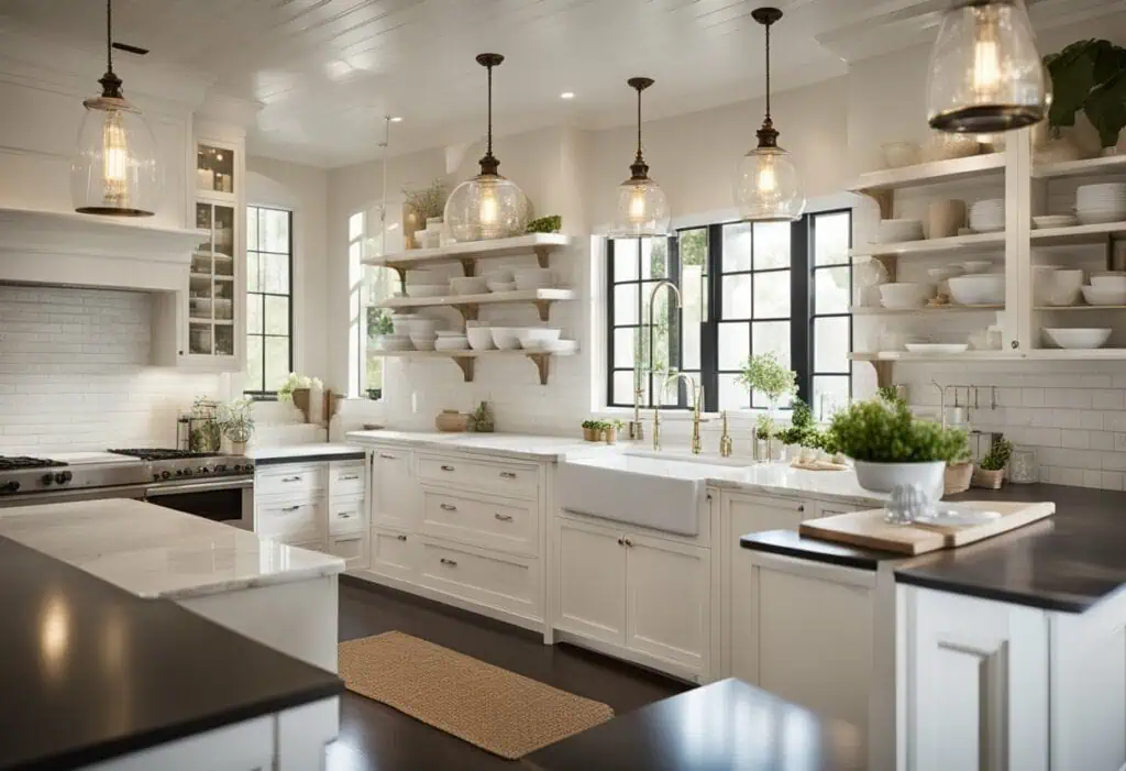 Bright, spacious kitchen featuring classic white cabinetry, open shelving, and large windows for nat.