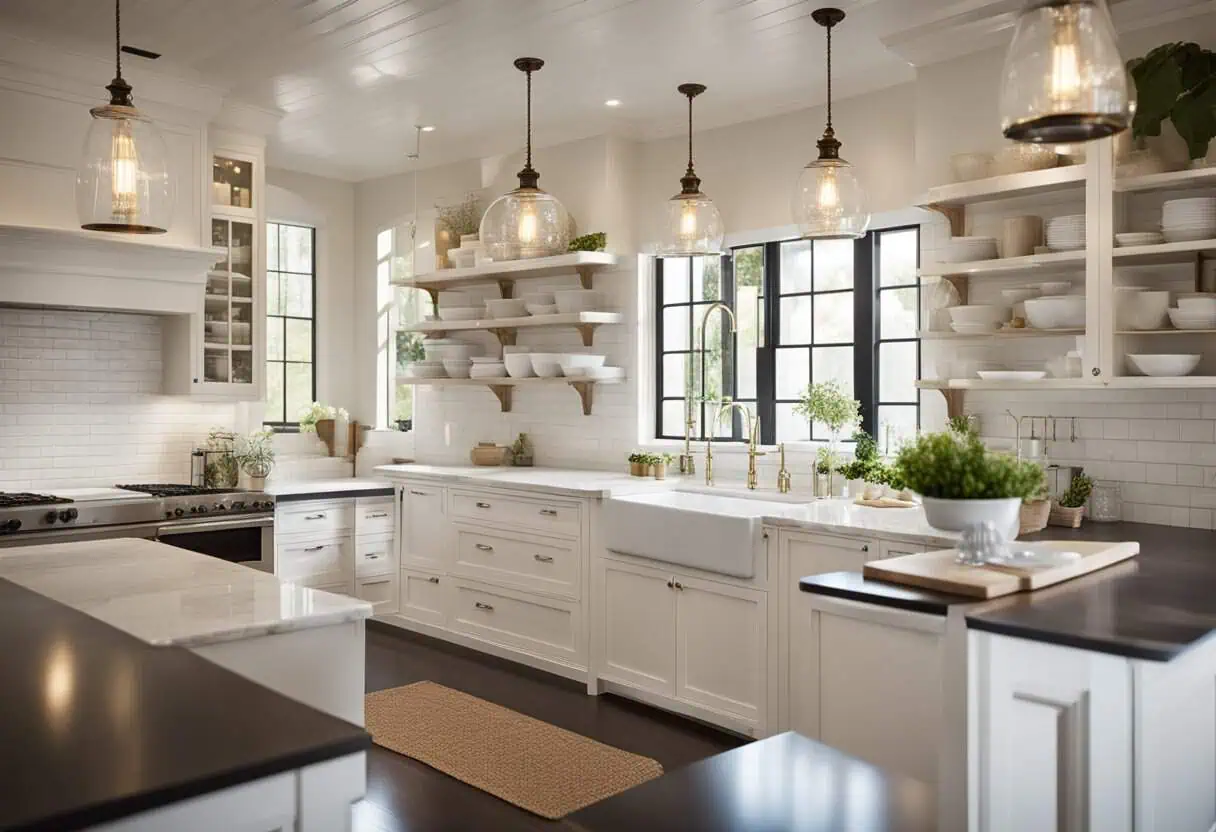 Bright, spacious kitchen featuring classic white cabinetry, open shelving, and large windows for nat.