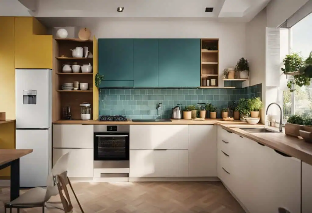Bright and compact kitchen design featuring colorful cabinets and smart storage solutions for small.