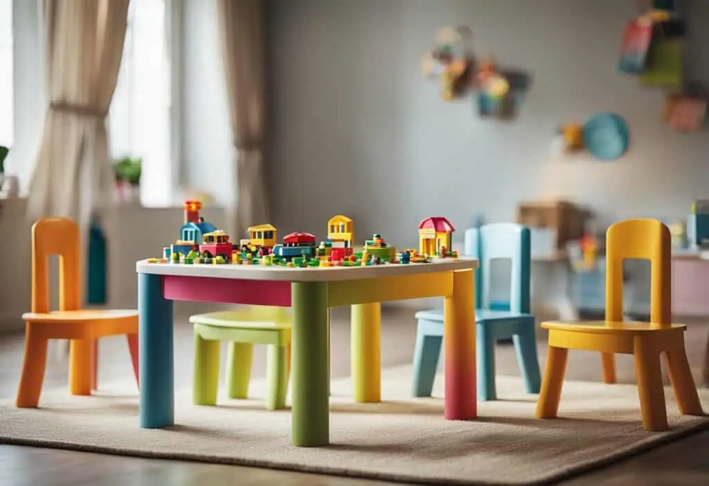 Colorful toddler furniture and toys in a cozy nursery play area.