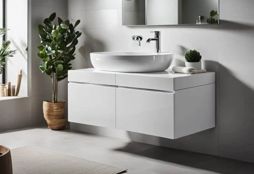 Modern white toilet basin cabinet with sleek design, ideal for space-saving bathroom solutions.