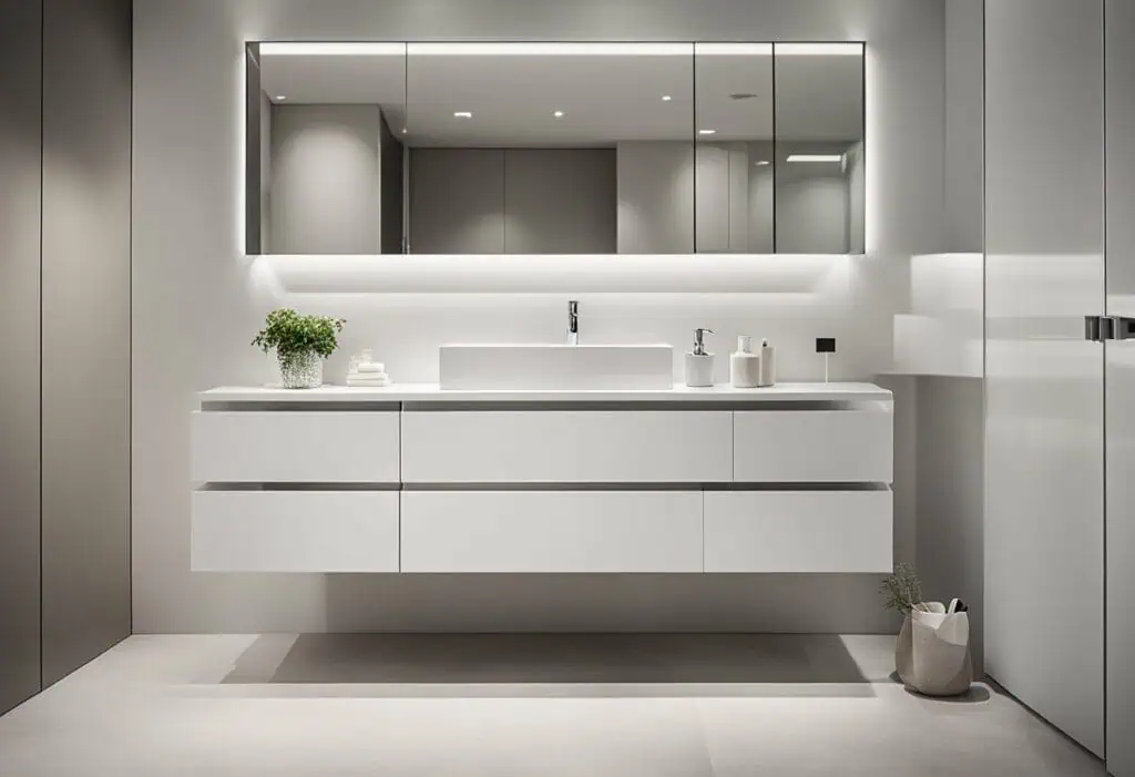 Modern bathroom cabinet with sleek mirror and storage for bathroom organization.