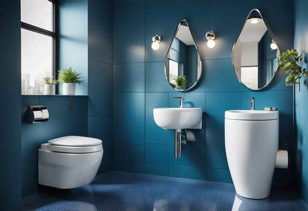 Stylish blue bathroom featuring a modern toilet, sink, and decorative mirrors for contemporary decor.