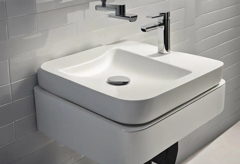 Modern bathroom sink with sleek design and faucet.