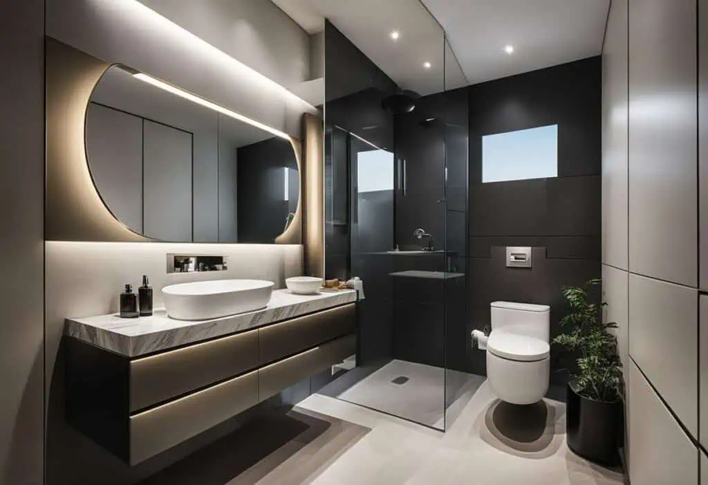 Elegant bathroom vanity with contemporary style and integrated lighting.