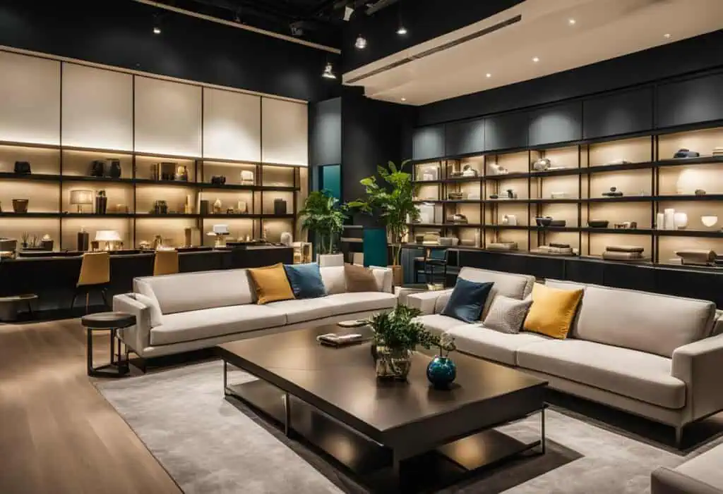 Stylish furniture arrangement showcasing contemporary sofas and decor in a sleek showroom.